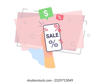Human hand holding phone with word sale vector illustration. Woman shopping online, using smartphone app, internet or WIFI. Marketing, e-commerce, store, sale concept for poster or banner design
