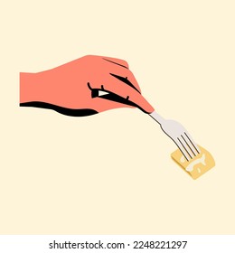 human hand holding piece of sweet Roti, flat vector illustration