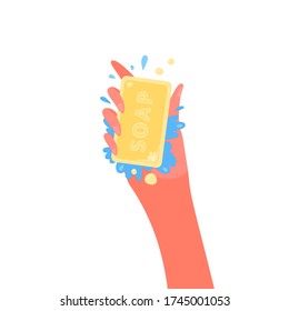 Human hand holding piece of yellow soap isolated on white. Cute cartoon style. Wash your hands concept. Personal hygiene, disease protection for prevention against coronavirus. Stock vector illustration