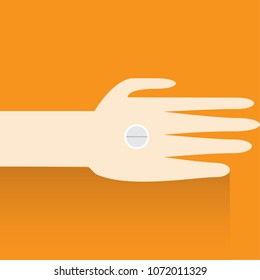 Human hand holding pill between fingers vector illustration in flat style
