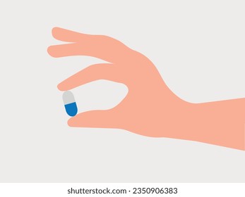 Human hand holding a pill capsule in blue and white color.Illustration in flat style