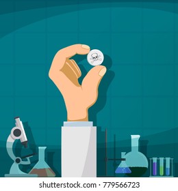 Human hand holding the pill with a skull and crossbones. Production of drugs. Stock vector illustration.