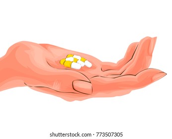 Human hand holding pill vector illustration in cartoon style