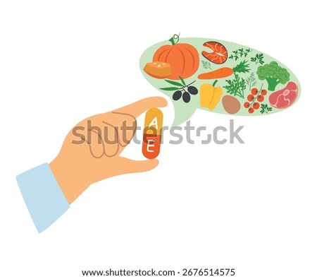 Human hand holding a pill. Vector illustration of the concept of taking a vitamin complex, eps 10