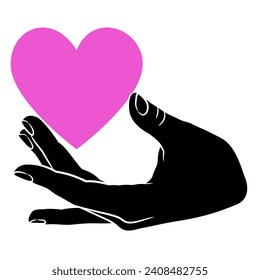 Human hand holding pink heart symbol. Romantic Valentine day design. 