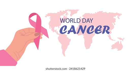 A human hand holding a pink ribbon on the background of a world map silhouette, with the inscription World Cancer Day, the concept of supporting and fighting the disease. Vector illustration in a flat