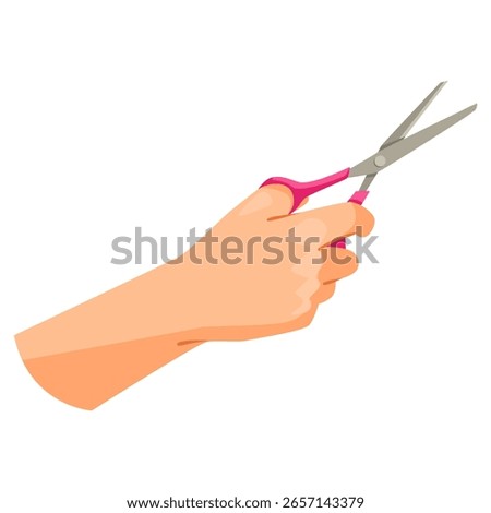 A human hand holding pink-handled scissors in a cutting position, flat cartoon style, isolated on white background. Concept of crafting. Vector illustration