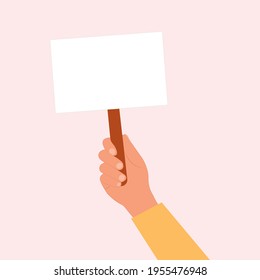 Human hand holding placard. Struggle for rights concept. Empty protest sign. Gender inequality.Vector illustration. 