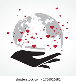 Human hand holding planet Earth surrounded with red hearts, vector