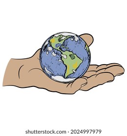 Mano humana sosteniendo el planeta Tierra en palma abierta. Concepto ambiental creativo. Ilustración vectorial aislada.