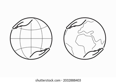 Human hand holding the planet Earth or globe. Simple circle icon, line design, editable strokes. Ecological concept. Vector illustration isolated on white background