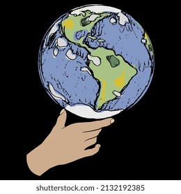 Human hand holding planet Earth. Creative global environmental concept. On black background.