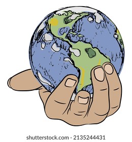 Human hand holding planet Earth. Creative concept. Hand drawn colorful vector illustration.