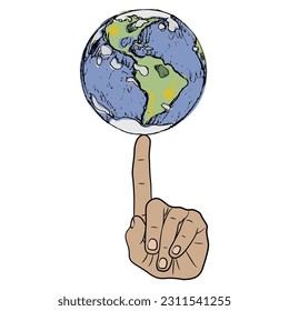 Human hand holding planet Earth on fingertip. Creative environmental design. Isolated vector illustration.