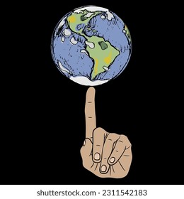 Human hand holding planet Earth on fingertip. Creative environmental design. On black background.