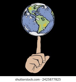 Human hand holding planet earth on fingertip of index finger. Creative environmental concept. On black background.