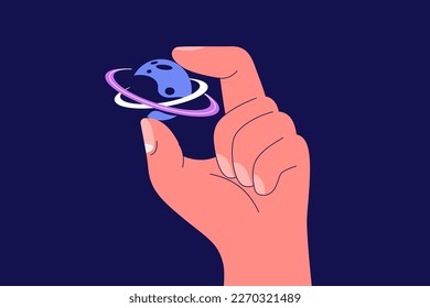 Human hand holding a planet with two rings. Abstract space exploration and technology concept. Vector illustration