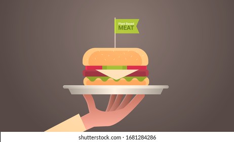 human hand holding plant based beyond meat hamburger with vegan flag healthy lifestyle vegetarian food concept horizontal vector illustration