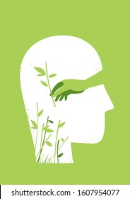 Human hand holding plant. Human head silhouette. Man thinking of caring about nature concept - Vector