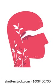 Human hand holding plant. Human head silhouette. Man thinking of caring about nature concept - Vector