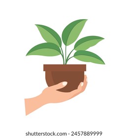 Human hand holding plant on pot, hand lifting flower pot, eco friendly concept clip art, hands carrying a green seedling