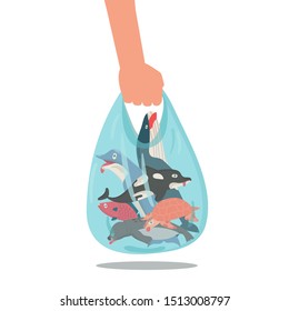 Human hand holding plastic bag with marine dead animal inside, environmental concept. cartoon flat vector illustration.