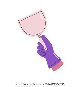 Mano humana sosteniendo cuchara de plástico. Herramienta de limpieza. Limpie el equipo doméstico. Ilustración vectorial plana aislada sobre fondo blanco.