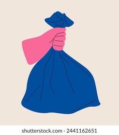 Human hand holding plastic trash bag. Colorful vector illustration
