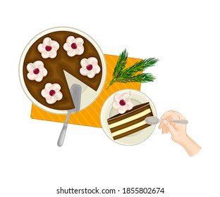 Human Hand Holding Plate with Piece of Pie as Traditional Christmas Eve Dessert Above View Vector Illustration