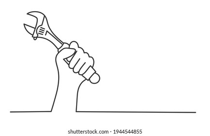 Human hand holding plumbing wrench. Hand drawn vector illustration.