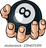 A human hand holding a pool or billiards black 8 ball. 