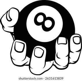 A human hand holding a pool or billiards black 8 ball. 