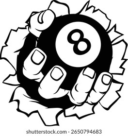 A human hand holding a pool or billiards black 8 ball. 