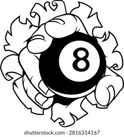 A human hand holding a pool or billiards black 8 ball.