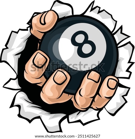 A human hand holding a pool or billiards black 8 ball. 