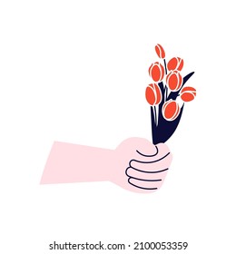 Human hand holding a present. Bouquet of red tulips for holidays celebration, special give away bonus or loyalty program reward. Design element isolated on white. Flat Art Vector Illustration.