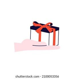 Human hand holding a present. Gift box with a red ribbon for holidays celebration, special give away bonus or loyalty program reward. Design element isolated on white. Flat Art Vector Illustration.