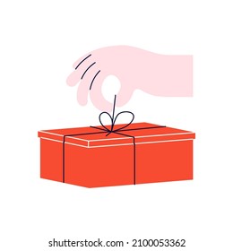 Human hand holding a present. Red gift box for holidays celebration, special give away bonus or loyalty program reward. Design element isolated on white. Flat Art Vector Illustration.