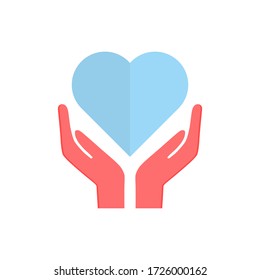 Human hand holding and protecting heart symbol red heart love and health. Vector illustration eps 10