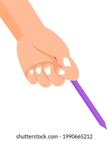 Human hand holding purple pen on white background. Fingers with white nails show pencil. Sharpened pen for writing and working on paper. Vector illustration of pencil. Stationery for drawing pictures