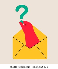 Mano humana sosteniendo signo de interrogación, FAQ. Ilustración vectorial colorida
