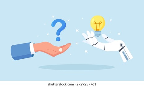 Human hand holding question mark, robot hand holds glowing light bulb. AI providing solutions, answers. Using artificial intelligence to generate ideas to help solve problems. Creative brainstorming