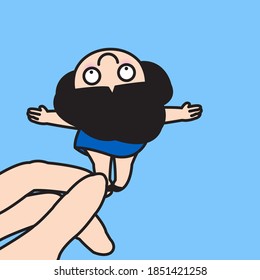 Human Hand Holding And Raising Up A Girl Who Lifting Her Head Up In The Air Against Blue Sky Concept Card Character illustration