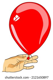 human hand holding red balloon by thumb and index finger vector drawing isolated background logo icon symbol sign inflated flying balloon closeup object happy holiday festival concept party material
