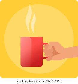Human hand is holding a red ceramic cup with coffee or tea. Flat vector illustration of hand holds a hot mug by the handle. Design element isolated on white for web, presentations, infographics.