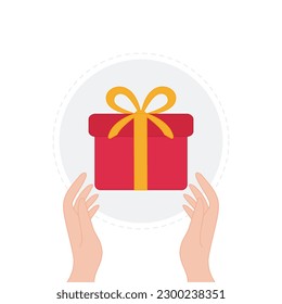 Menschliche Hand, die eine rote Geschenkbox mit gelber Schleife hält. Geburtstagssymbol. Vektorgrafik