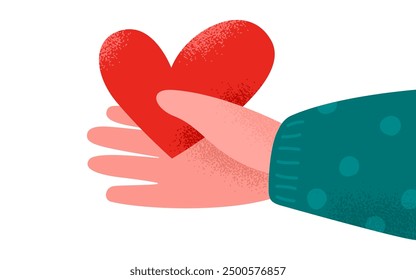 Human hand holding a red heart. Concept of love, care, concern, charity, sharing love, helping others, support, volunteering, donation. Vector illustration isolated on white