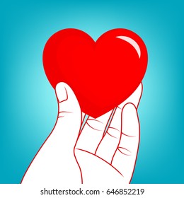 Human hand holding red heart up. vector illustration on blue background.
