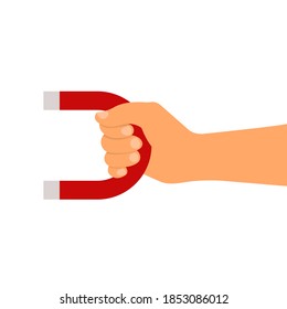 Mano humana con imán rojo aislado en blanco. Ilustración vectorial. Estilo plano
