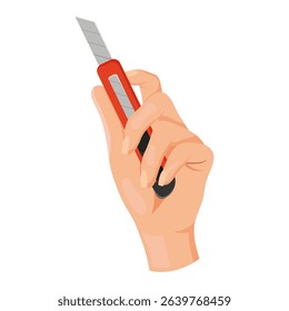 Human hand holding a red utility knife with silver blade, flat graphic style, isolated on white background. Concept of safety and tools. Vector illustration